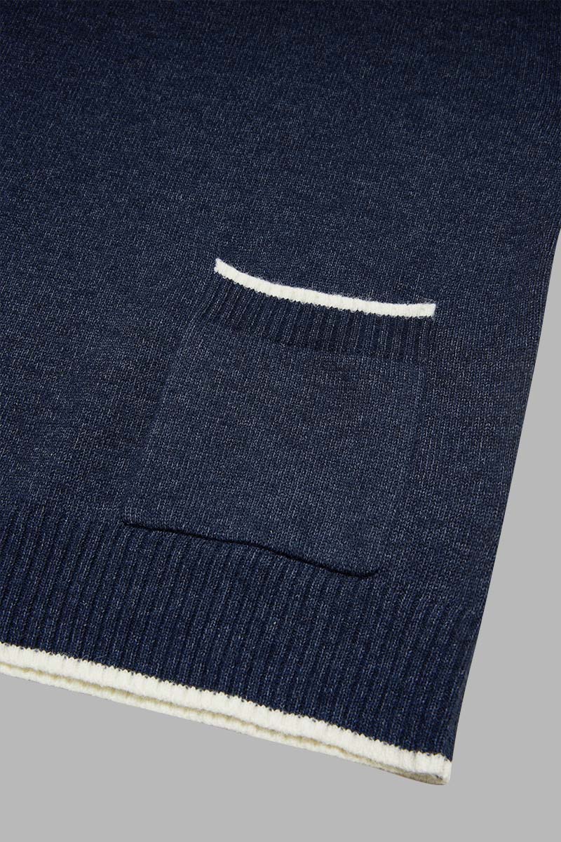 Contrast Binding Dual Pocket Rib-Knit Sweater