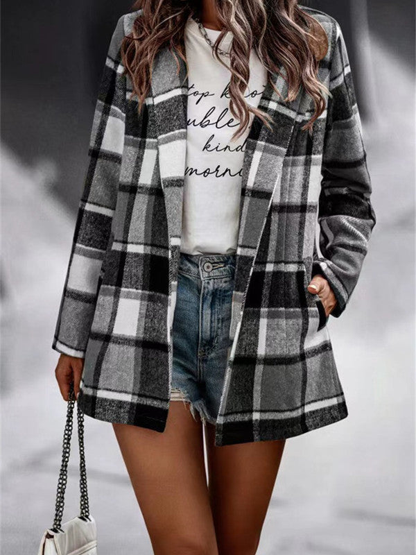 Loose Plaid Print Long Sleeve Pocket Coat