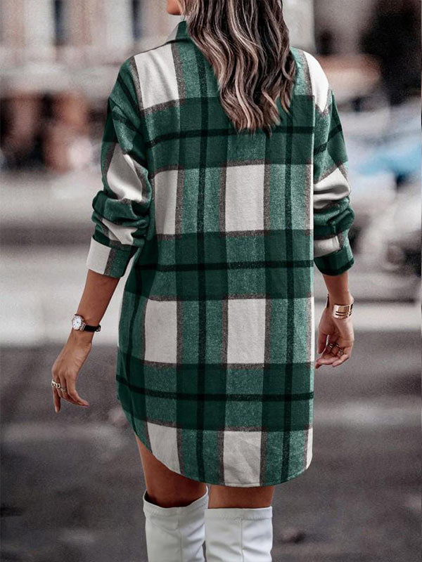 Long Sleeve Button Pocket Plaid Jacket