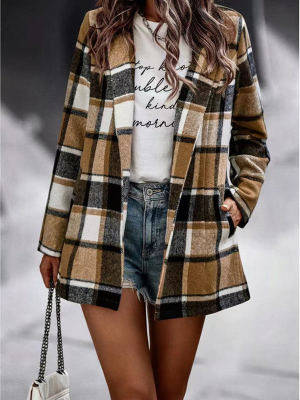 Loose Plaid Print Long Sleeve Pocket Coat
