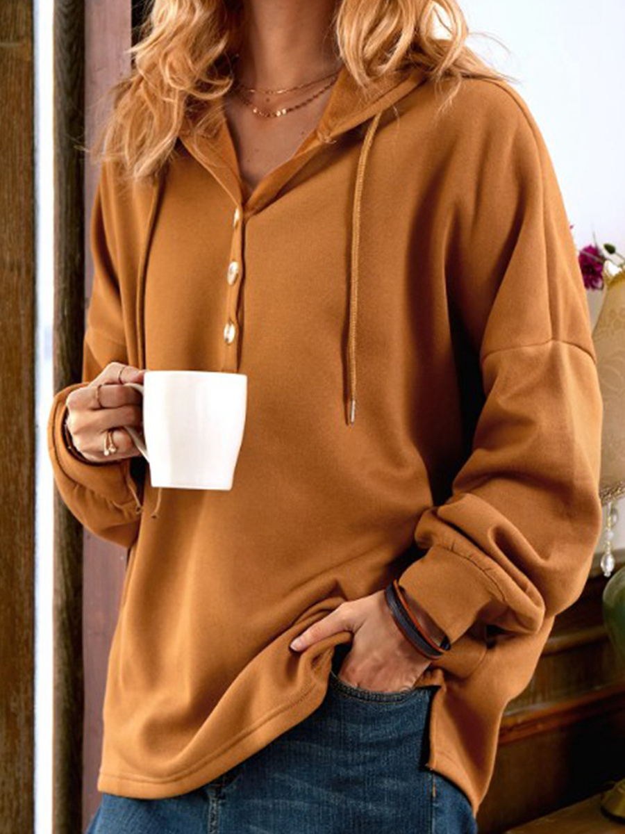 Fashion Plain Casual Button Long Sleeve Hoodie