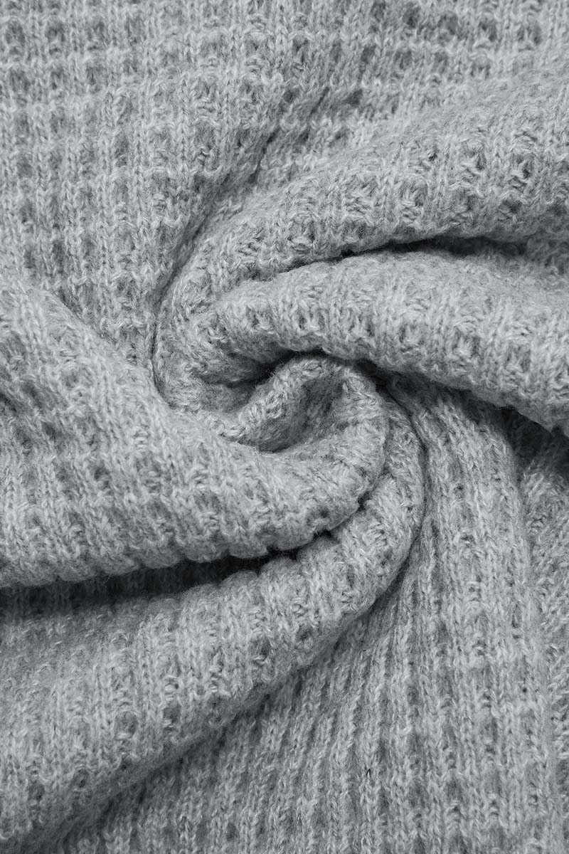 Solid Waffle Knit Notched Neck Long Sleeve Sweater