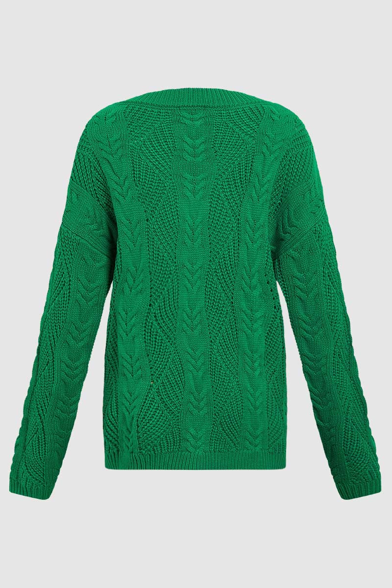 Solid Mixed Knit V Neck Long Sleeve Sweater