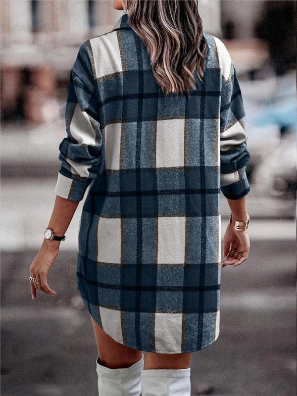 Long Sleeve Button Pocket Plaid Jacket