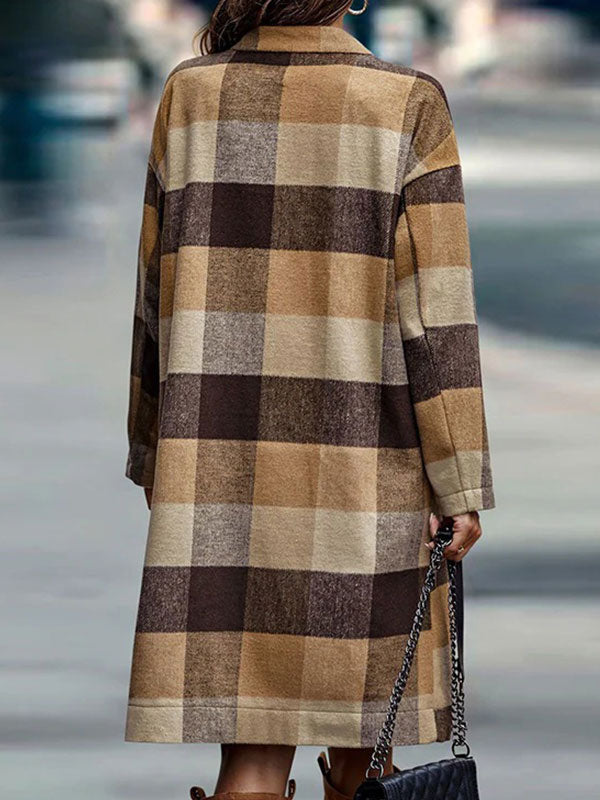 Long Sleeve Single Breasted Neckless Plaid Coat