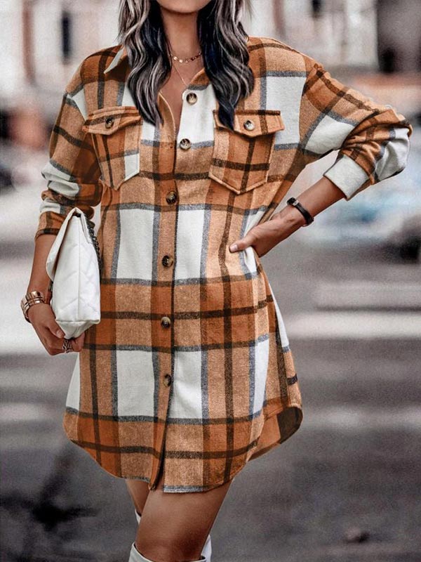 Long Sleeve Button Pocket Plaid Jacket