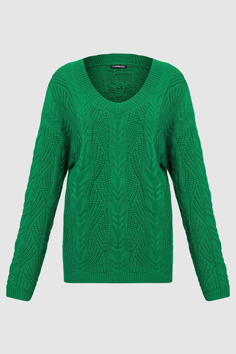 Solid Mixed Knit V Neck Long Sleeve Sweater