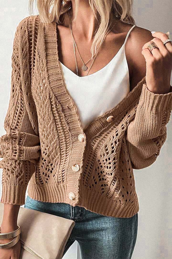 Solid Pointelle Knit Button Up Cardigan