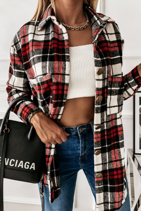 Fashion Casual Plaid Splicing Button Pocket Shirt