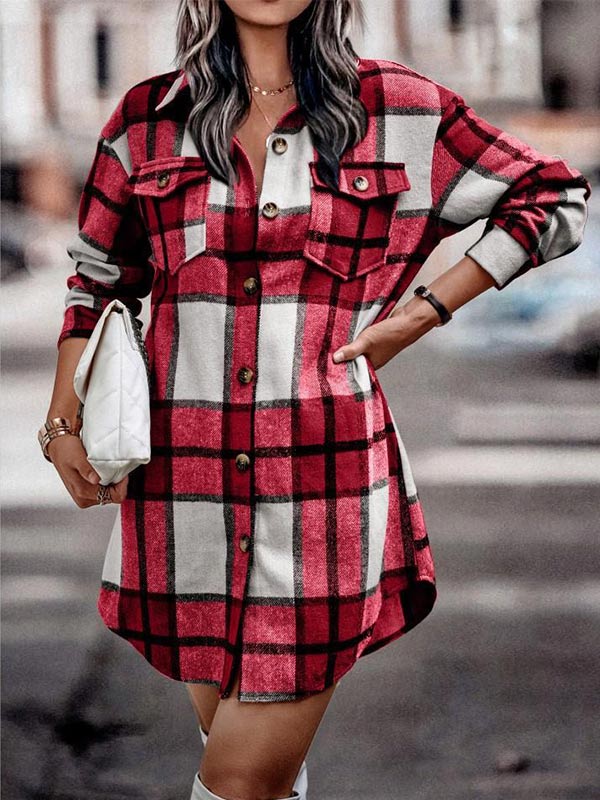 Long Sleeve Button Pocket Plaid Jacket
