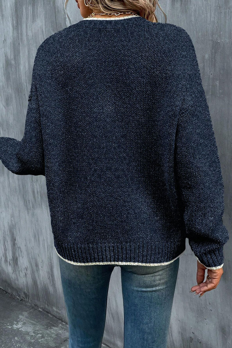 Contrast Binding Dual Pocket Rib-Knit Sweater