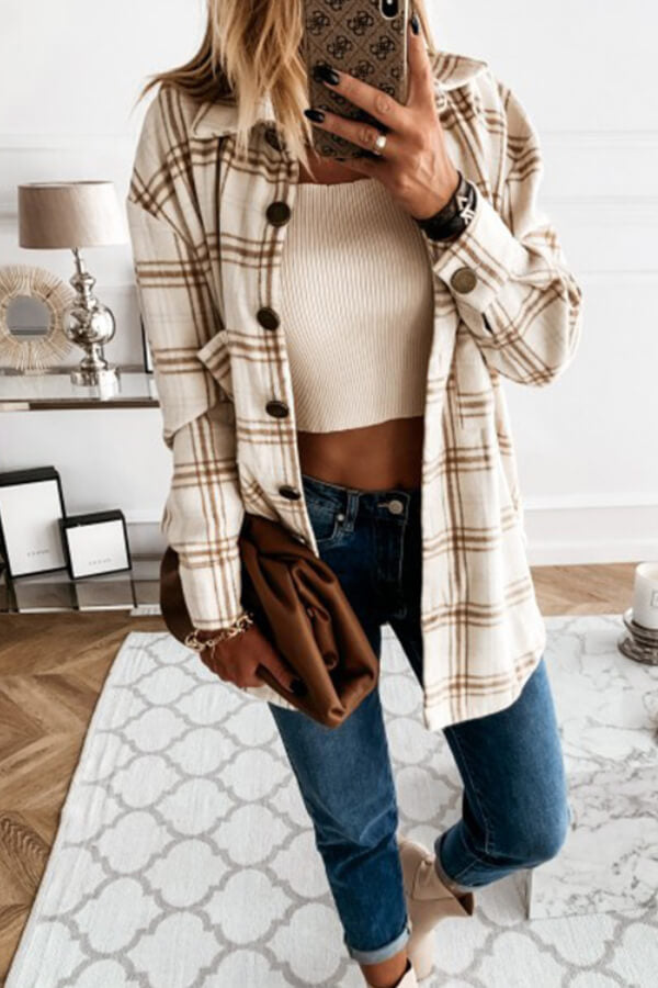 Fashion Casual Plaid Splicing Button Pocket Shirt