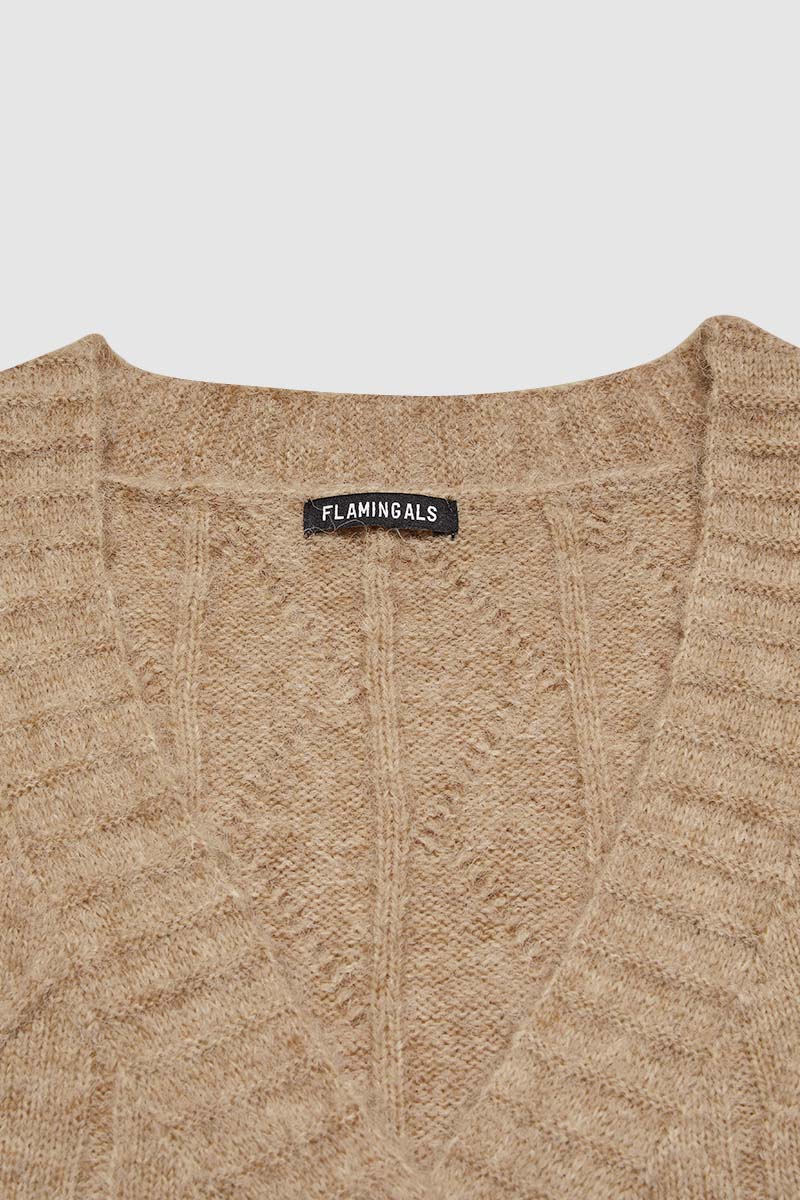 Solid Mixed Knit Button Front V Neck Cardigan