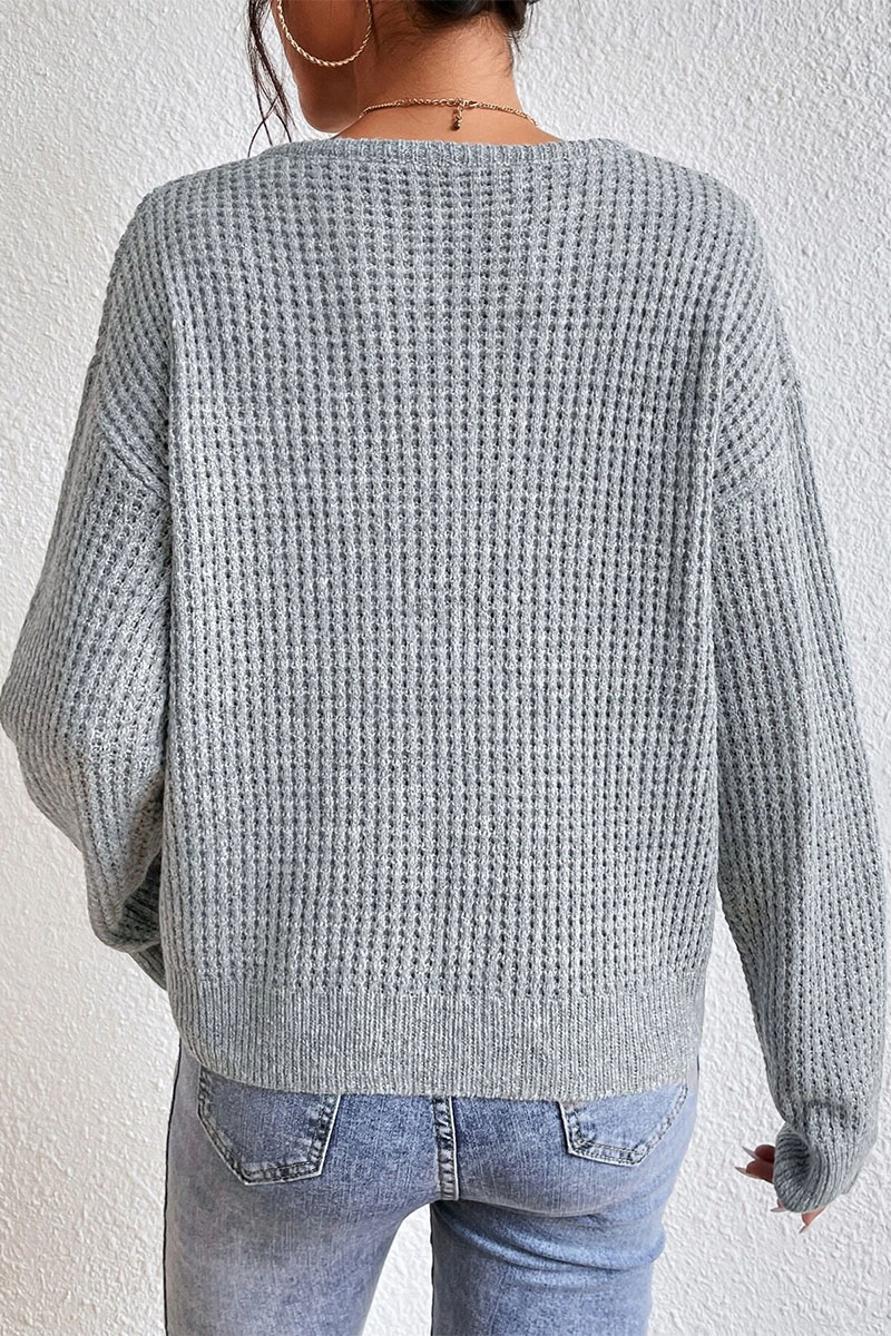 Solid Waffle Knit Notched Neck Long Sleeve Sweater