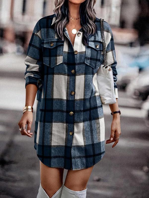 Long Sleeve Button Pocket Plaid Jacket