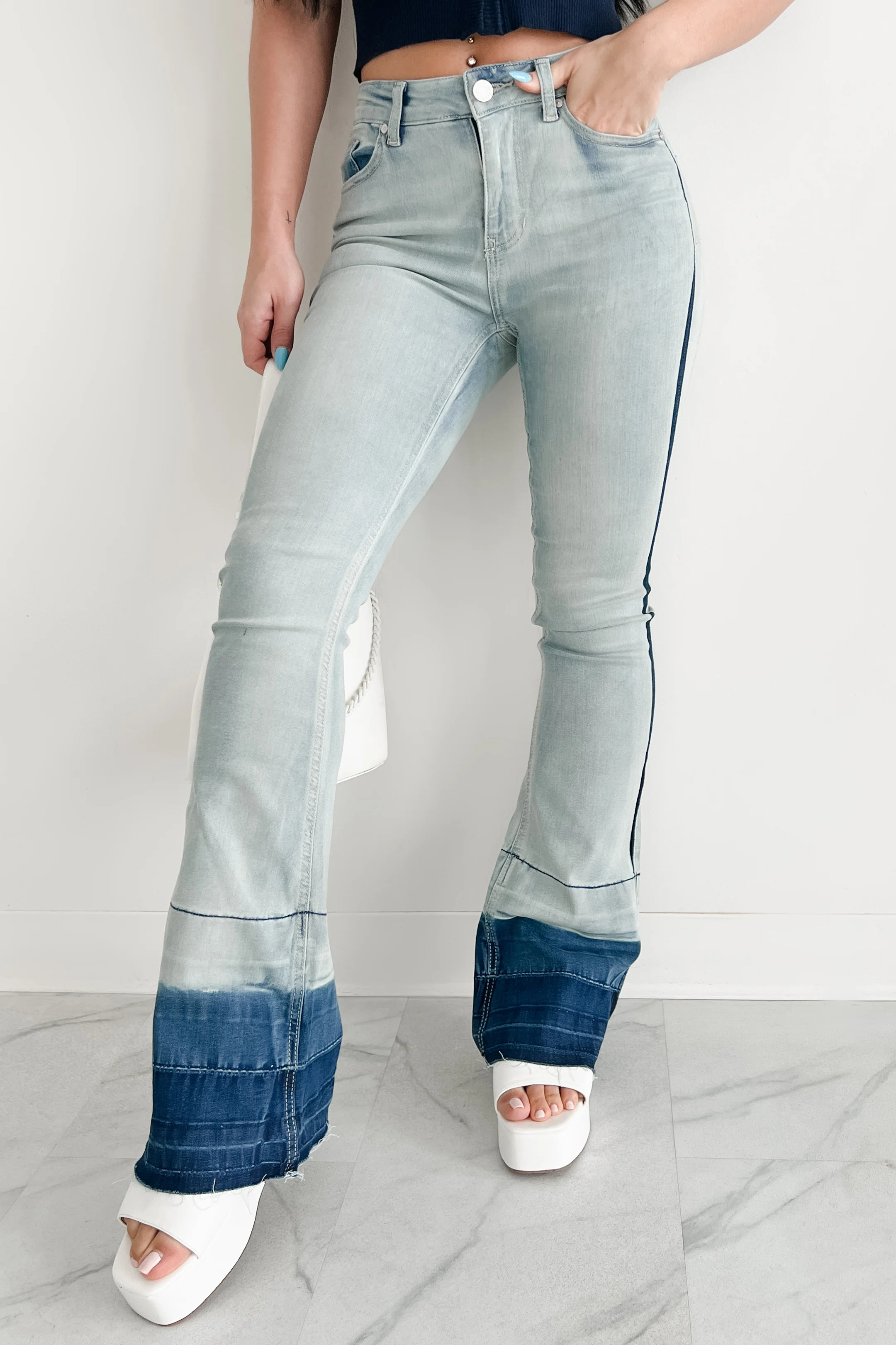 Jett High Rise Dip Dye Indigo Reign Flare Jeans (Light Wash)