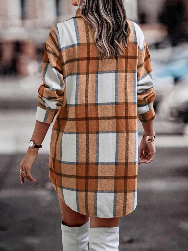 Long Sleeve Button Pocket Plaid Jacket
