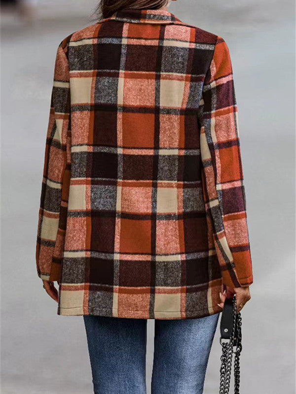 Loose Plaid Print Long Sleeve Pocket Coat