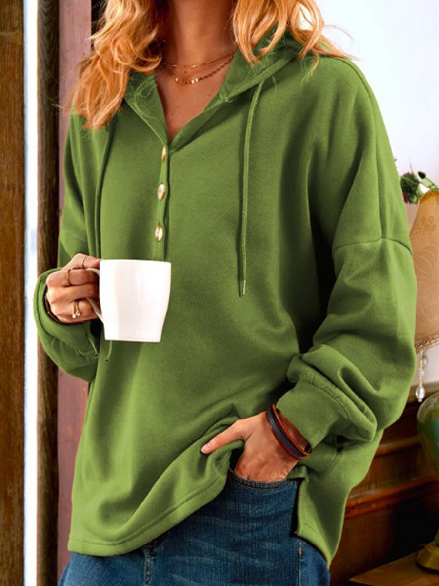 Fashion Plain Casual Button Long Sleeve Hoodie