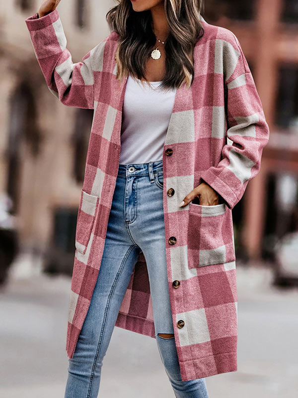 Long Sleeve Single Breasted Neckless Plaid Coat