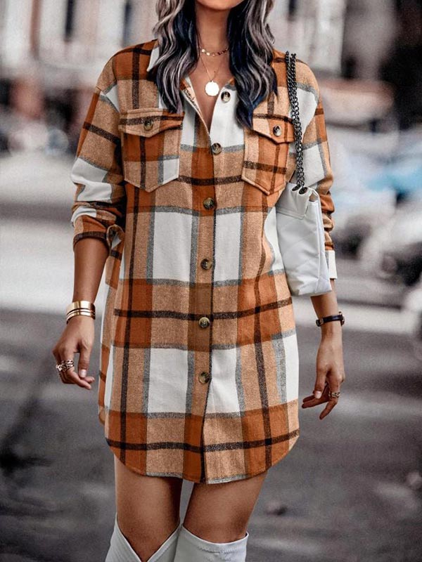 Long Sleeve Button Pocket Plaid Jacket