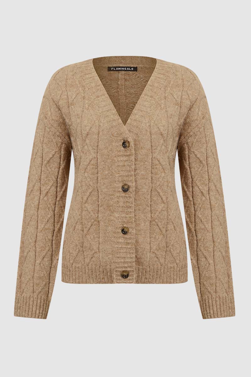 Solid Mixed Knit Button Front V Neck Cardigan