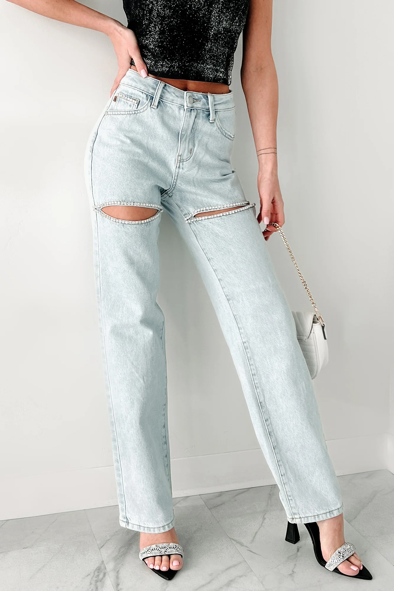 Joyner High Rise Straight Fit Judy Blue Rhinestone Slit Jeans (Light)