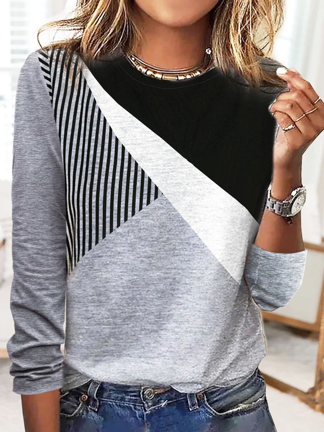 Striped Casual Autumn Daily Loose 1 * Top Long sleeve Crew Neck Regular T-shirt for Women