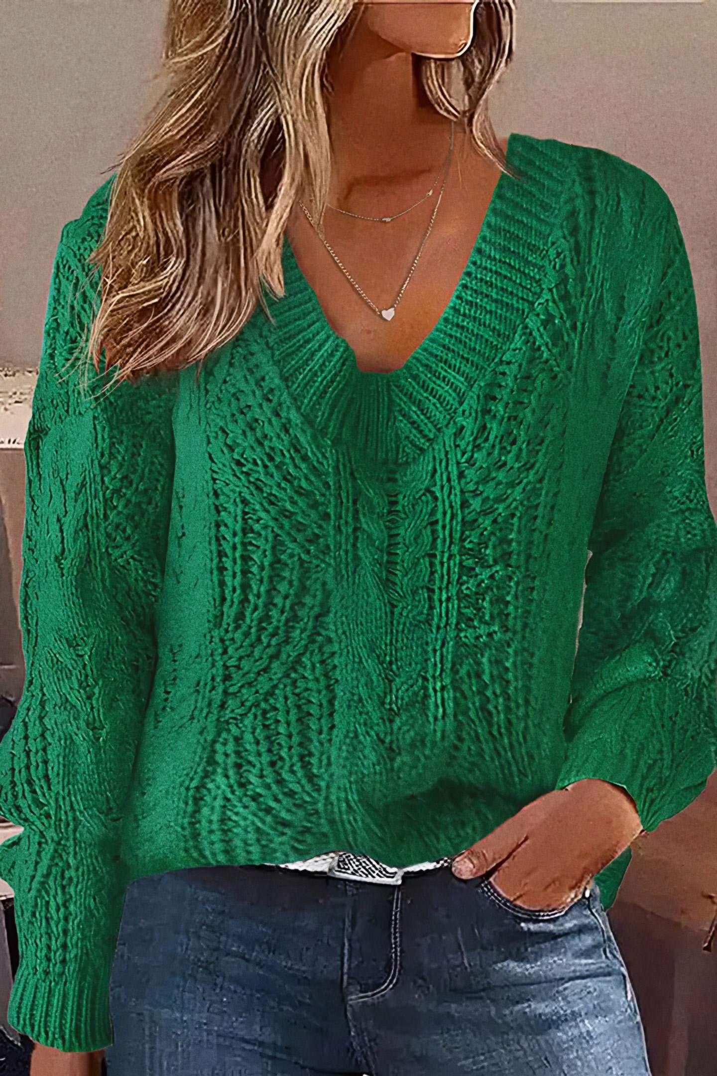Solid Mixed Knit V Neck Long Sleeve Sweater