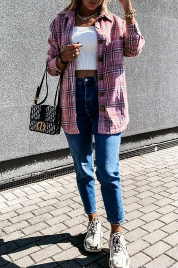 Fashion Casual Plaid Splicing Button Pocket Shirt