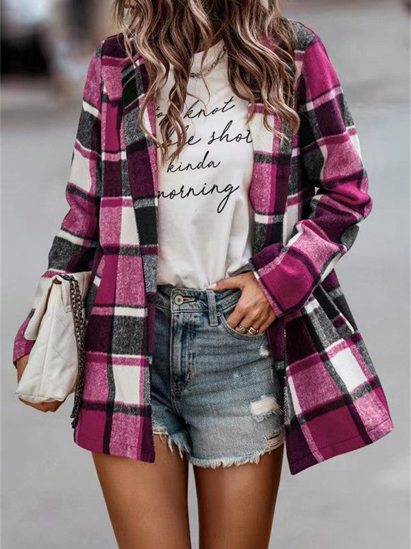 Loose Plaid Print Long Sleeve Pocket Coat