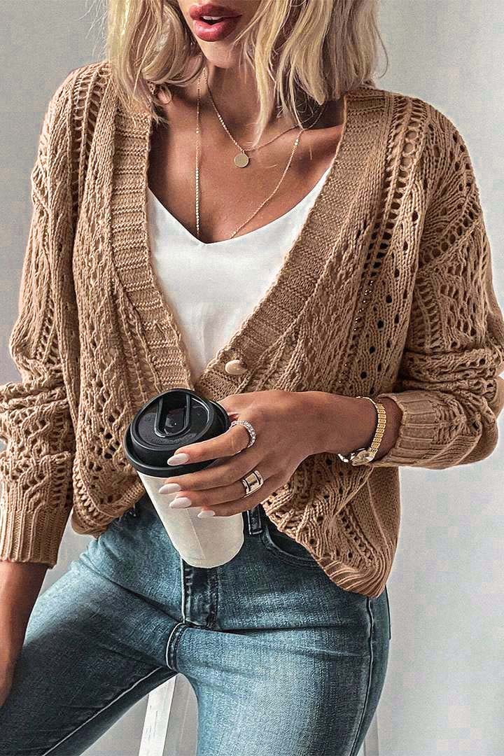 Solid Pointelle Knit Button Up Cardigan