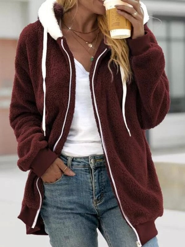 Zipper Up Drawstring Hooded Loose Plush Jacket
