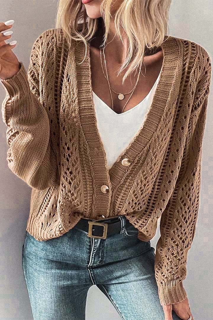 Solid Pointelle Knit Button Up Cardigan