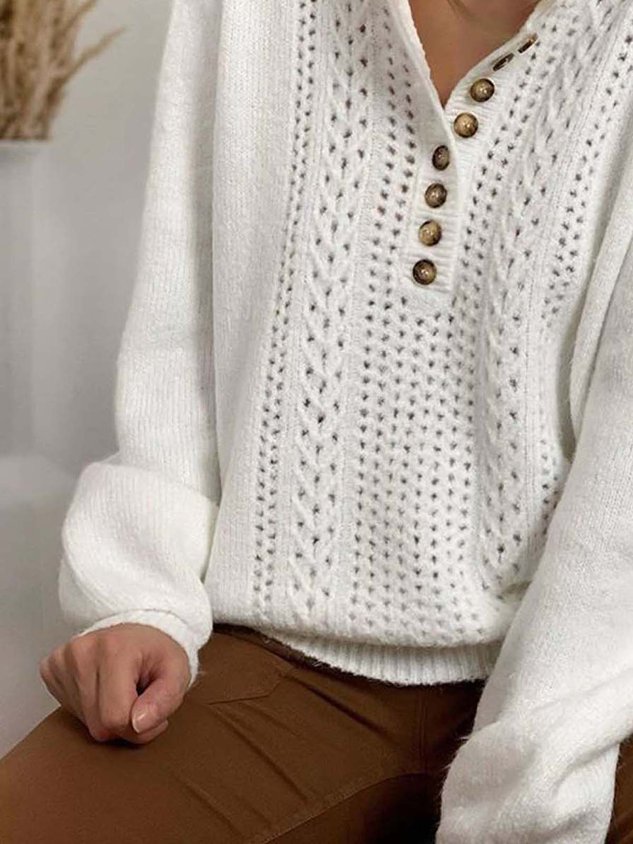 Long Sleeve  Cotton-blend  Crew Neck Casual  Winter  White Knit