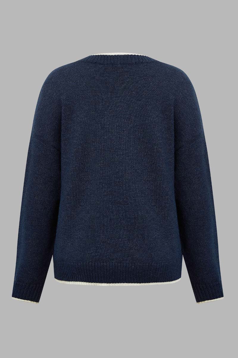 Contrast Binding Dual Pocket Rib-Knit Sweater