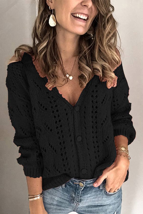 Casual Solid Color Hollow V-neck Sweater