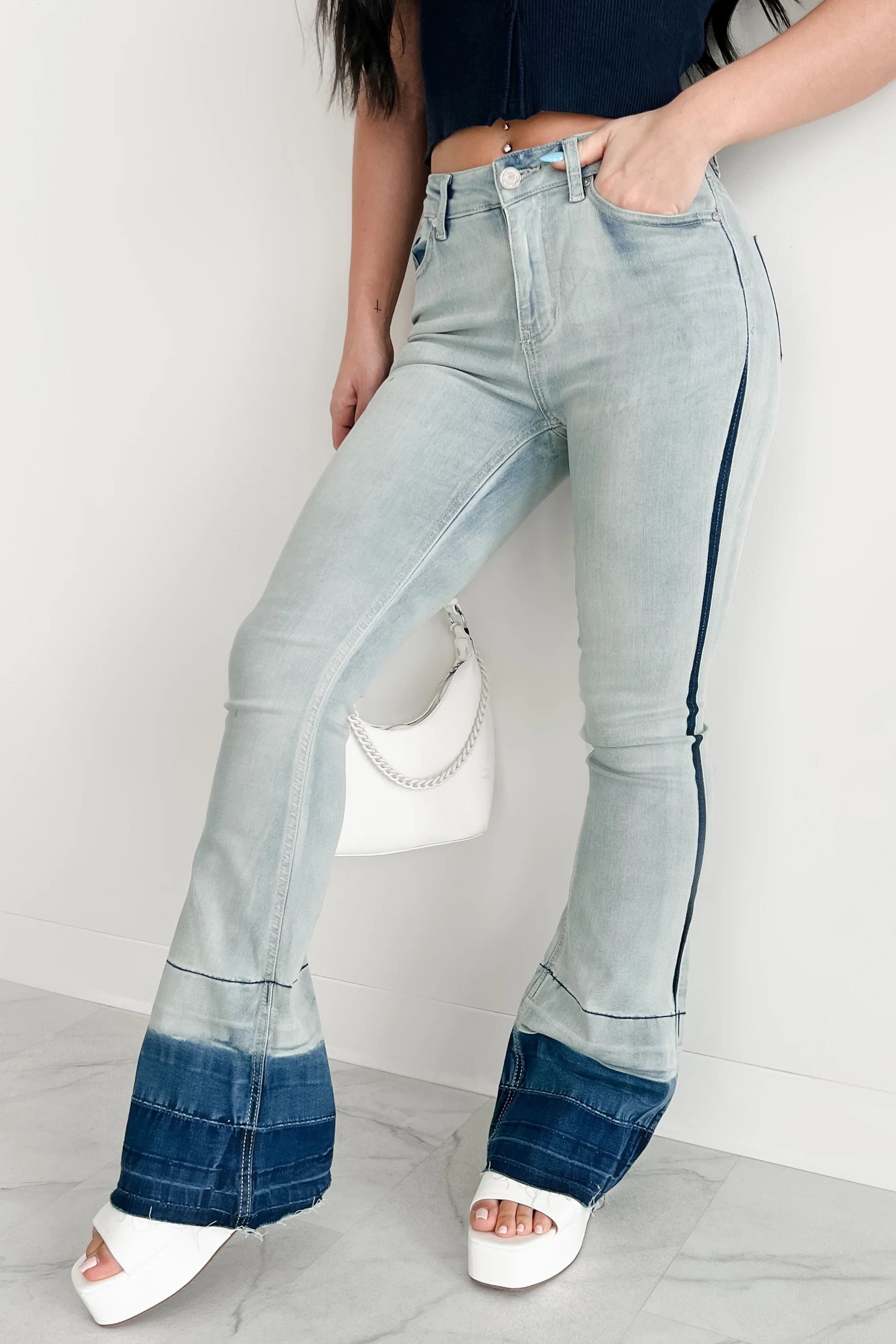 Jett High Rise Dip Dye Indigo Reign Flare Jeans (Light Wash)