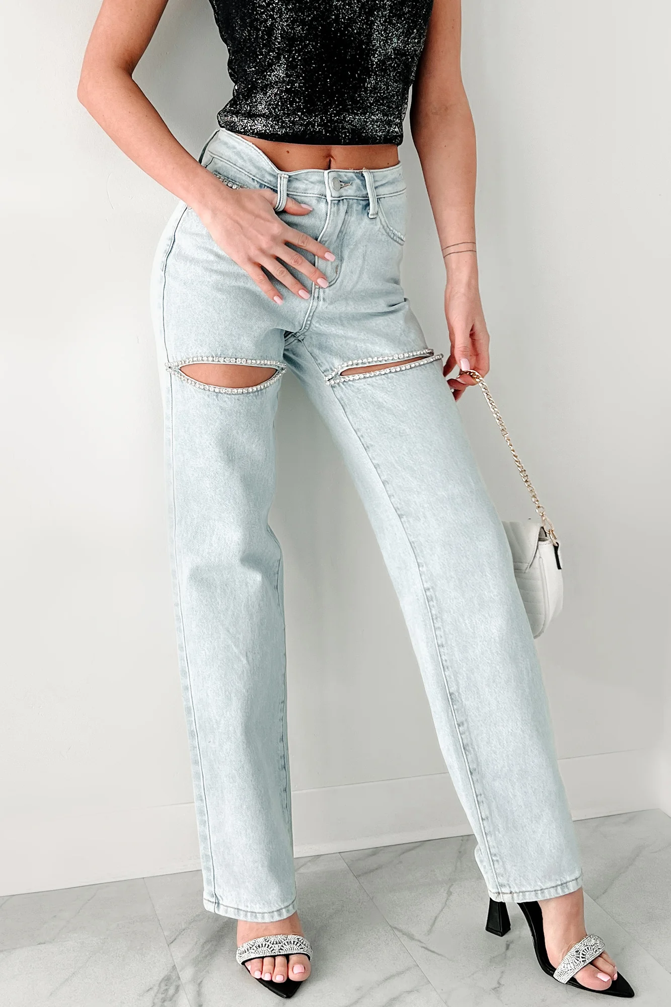 Joyner High Rise Straight Fit Judy Blue Rhinestone Slit Jeans (Light)