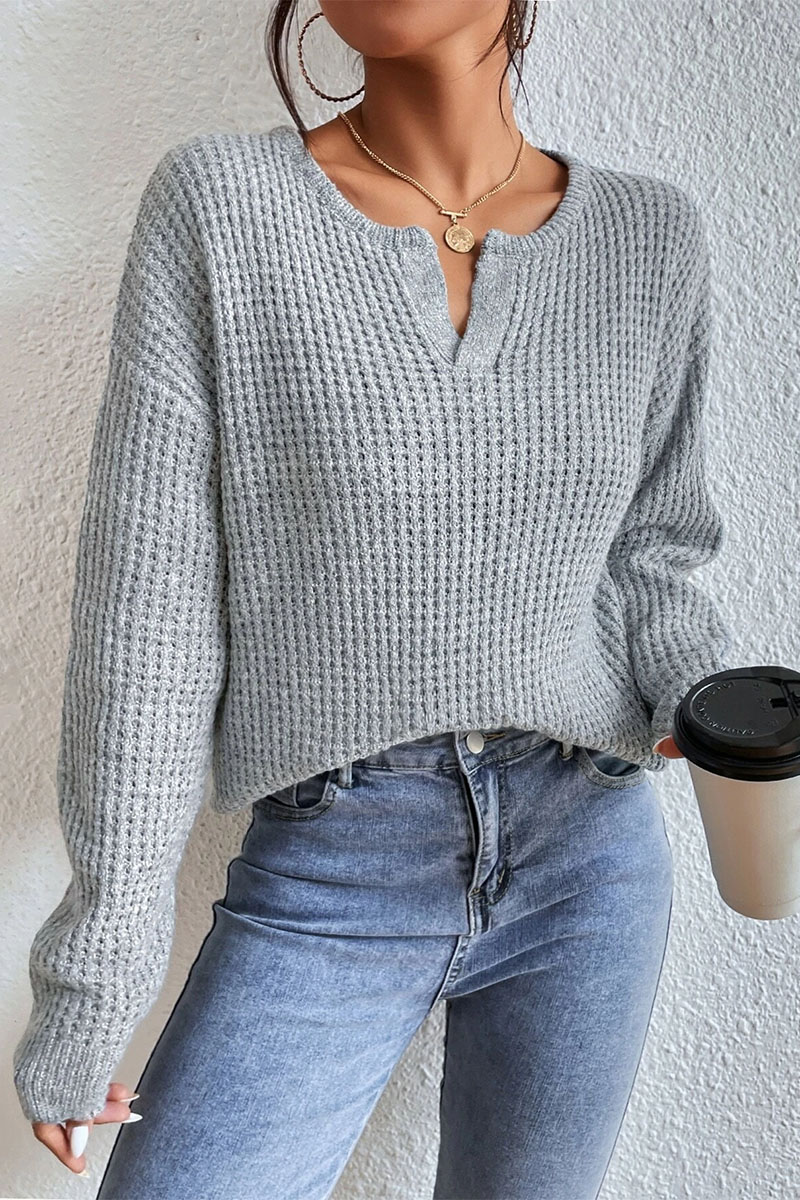 Solid Waffle Knit Notched Neck Long Sleeve Sweater
