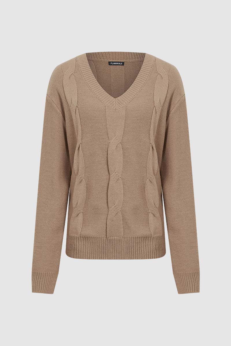Solid Cable Knit V Neck Sweater