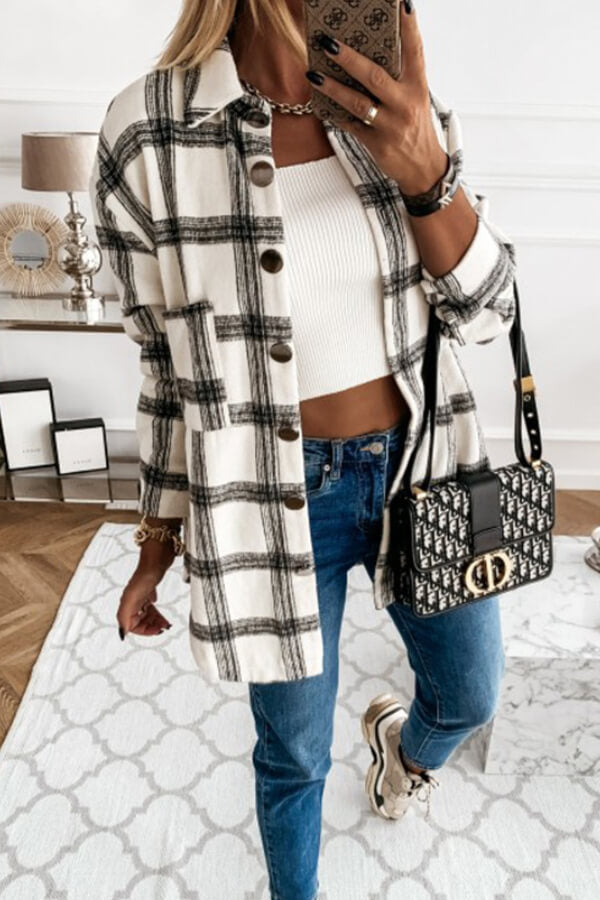 Fashion Casual Plaid Splicing Button Pocket Shirt