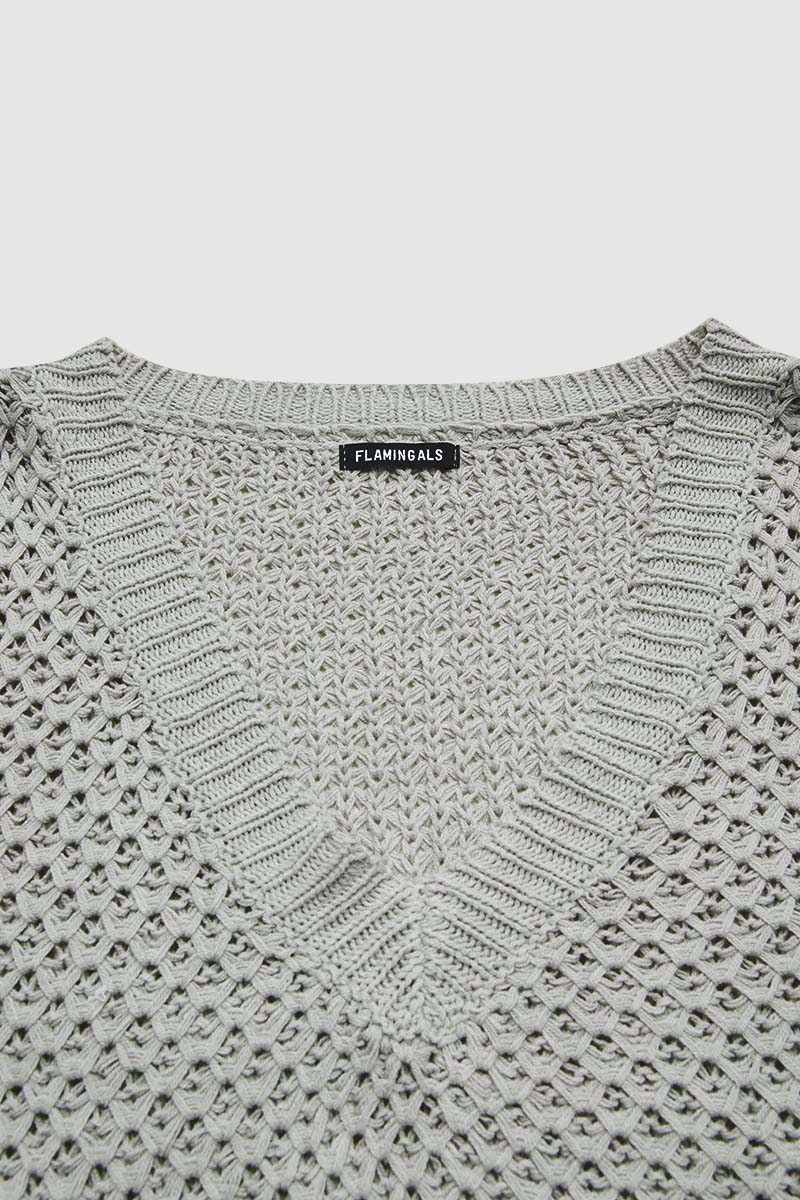 Solid Pointelle Knit V Neck Drop Shoulder Sweater