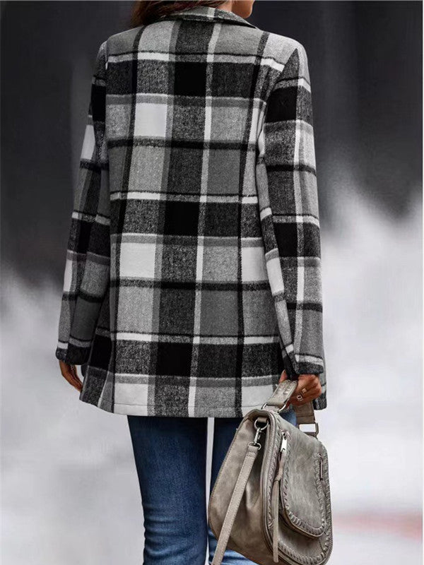 Loose Plaid Print Long Sleeve Pocket Coat