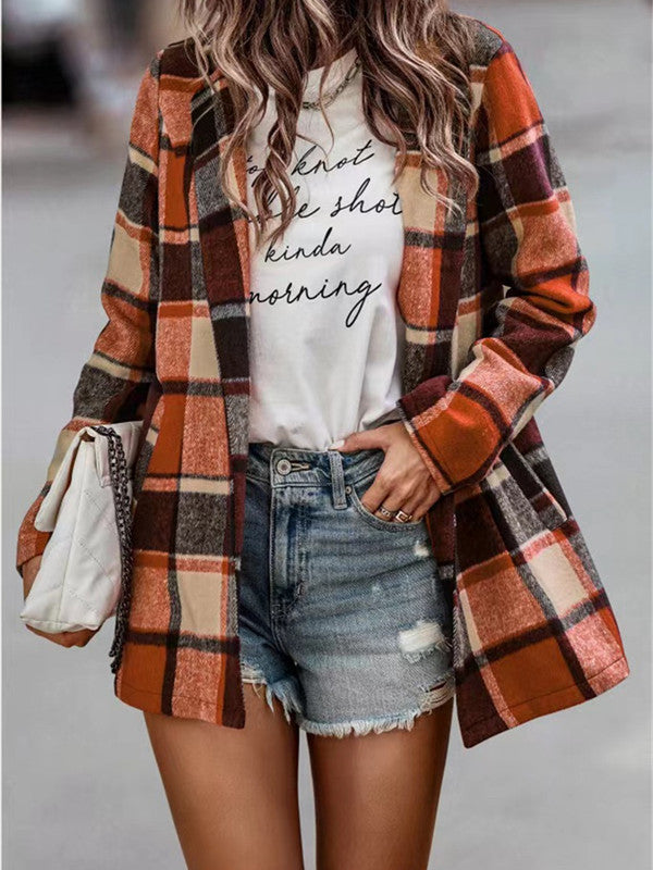 Loose Plaid Print Long Sleeve Pocket Coat