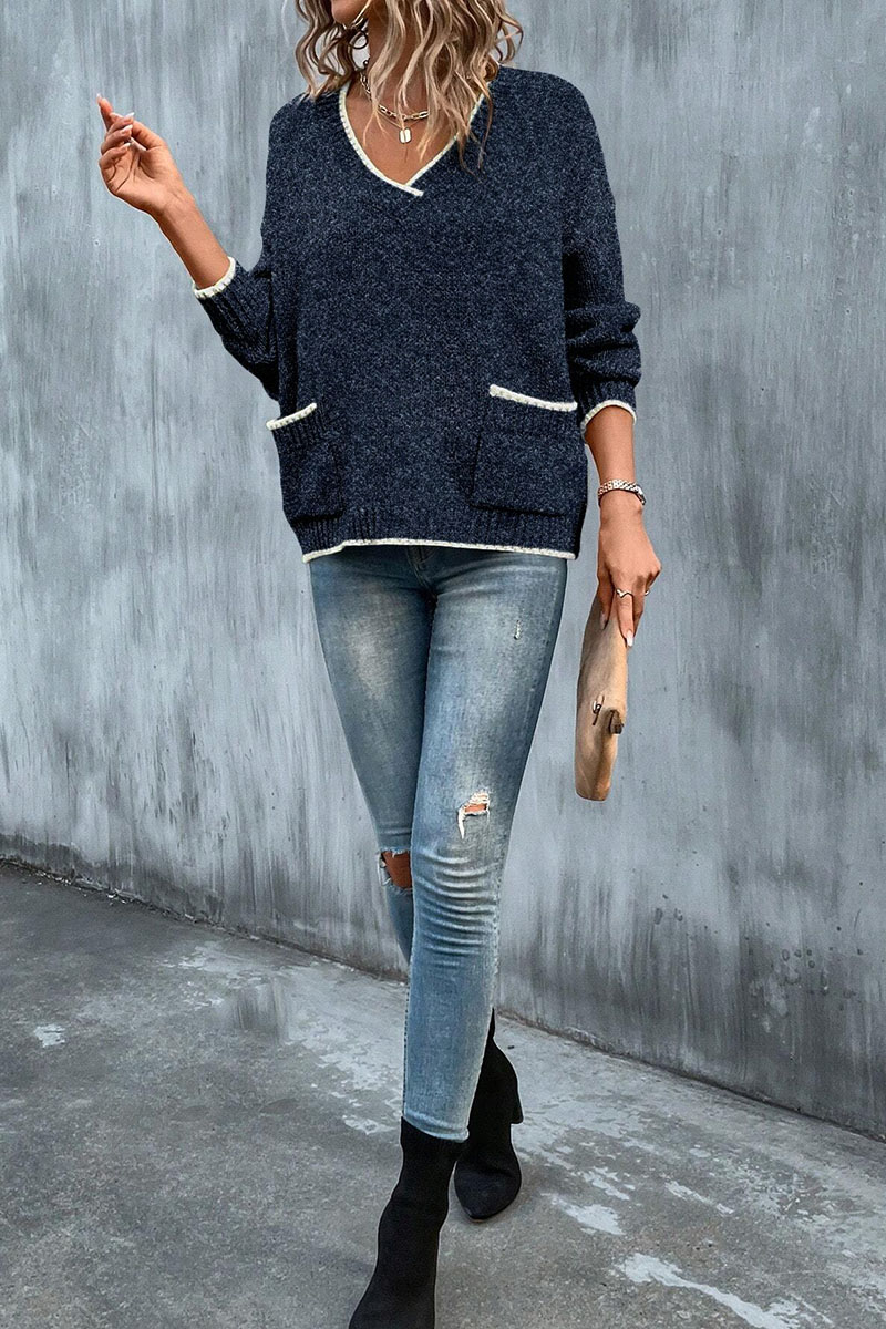 Contrast Binding Dual Pocket Rib-Knit Sweater