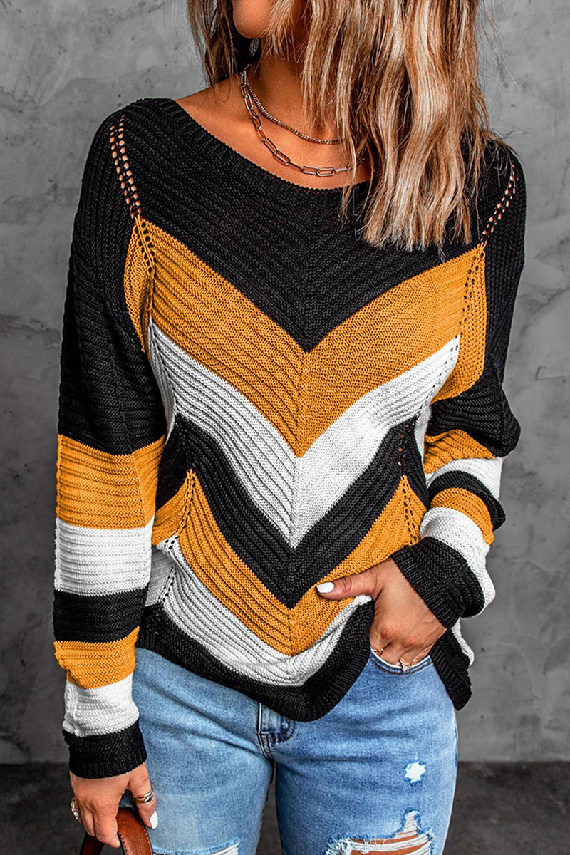 Chevron Pattern Hollow Out Asymmetrical Hem Sweater
