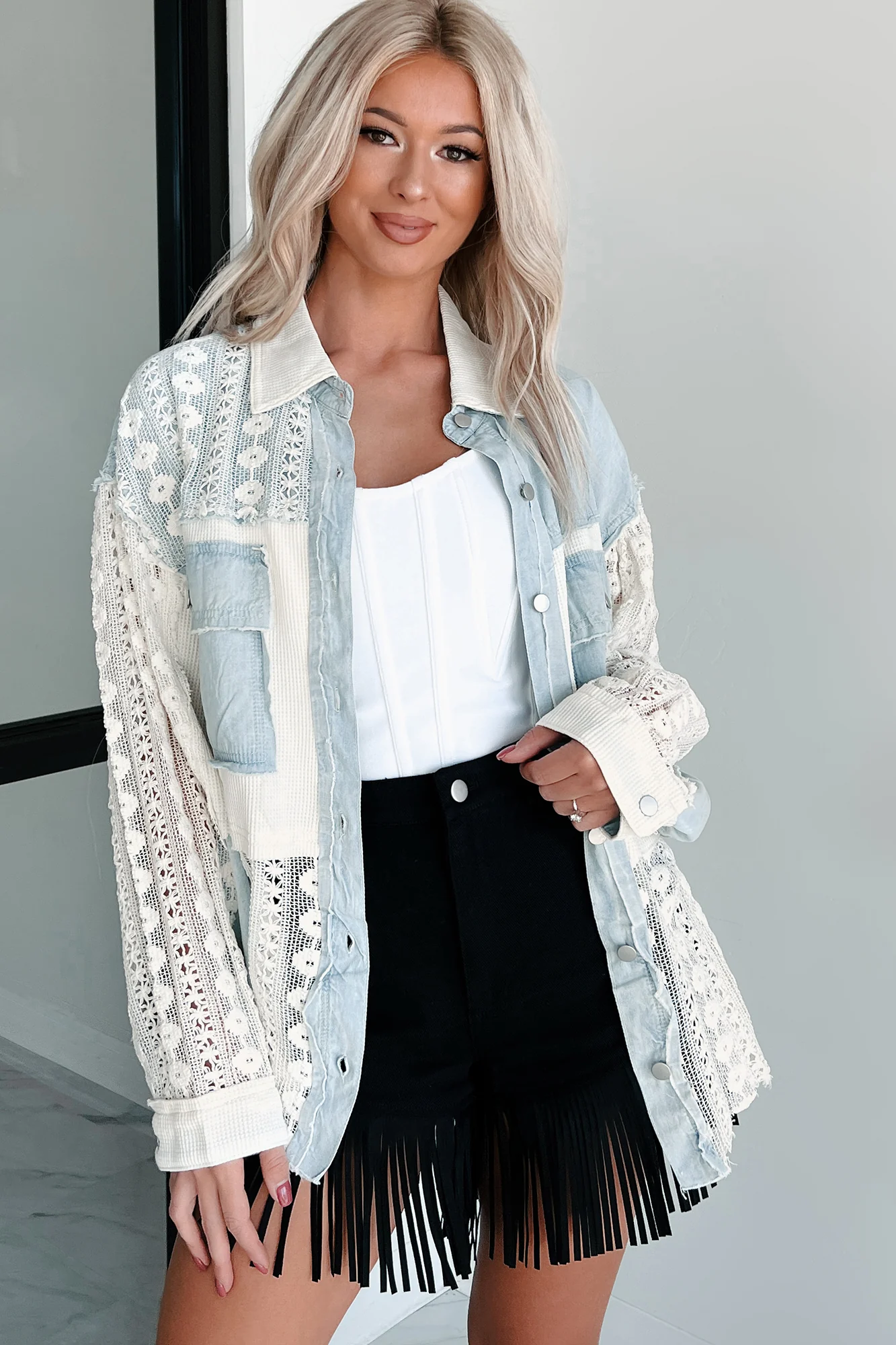 Unique & Interesting Lace Crochet Button-Down Shirt (Denim)