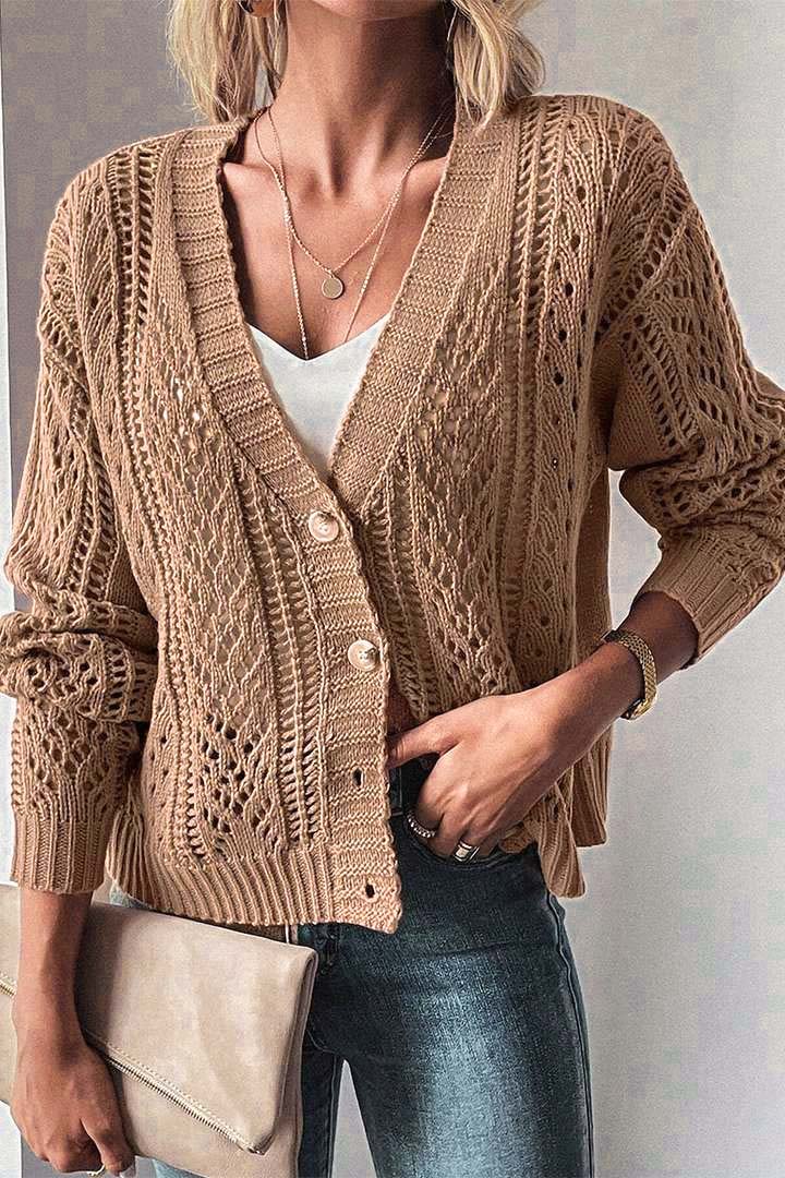 Solid Pointelle Knit Button Up Cardigan