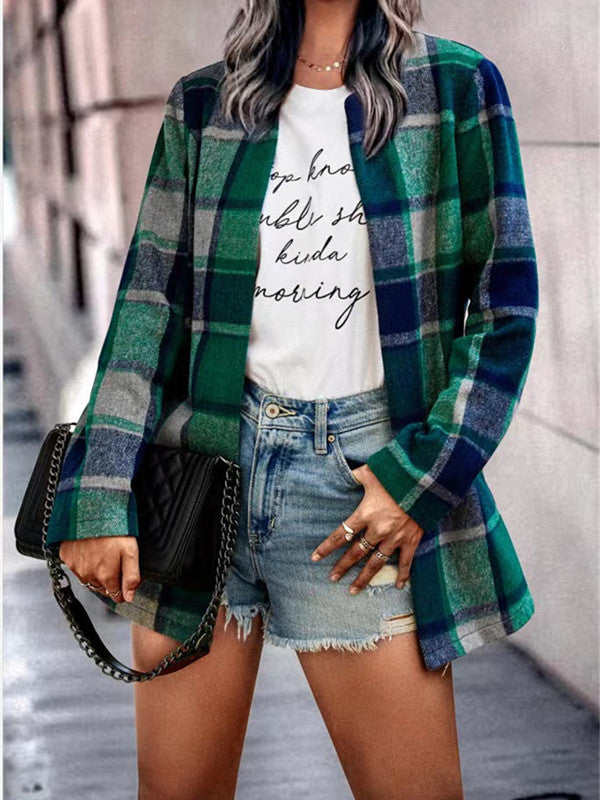 Loose Plaid Print Long Sleeve Pocket Coat